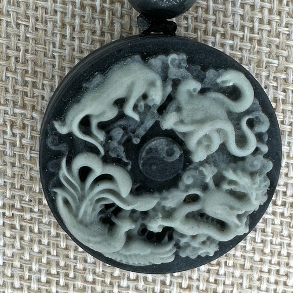 Tai Chi Stone Dragon Phoenix Tiger Snake Pendant Necklace: Silver Accent on Rope - Picture 9 of 12